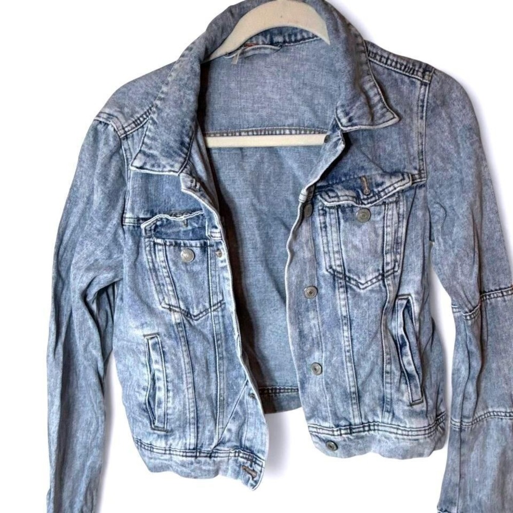 Free People Womens Light Acid Wash Denim Jacket Light Blue Small